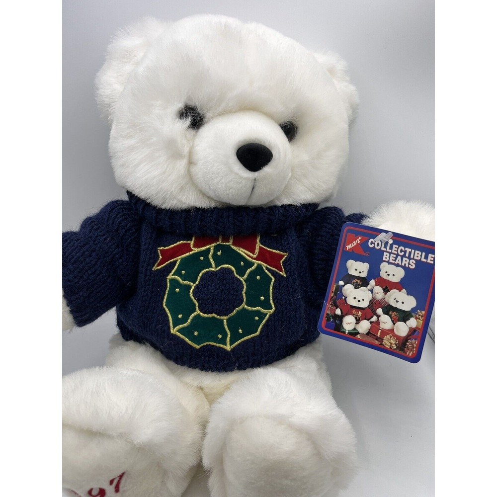 1997 K-Mart 18" Stuffed Bear Teddy Christmas Holiday Wreath Plush Vtg Blue Shirt